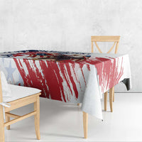 White tablecloth with red brush stripe pattern and blue star accents