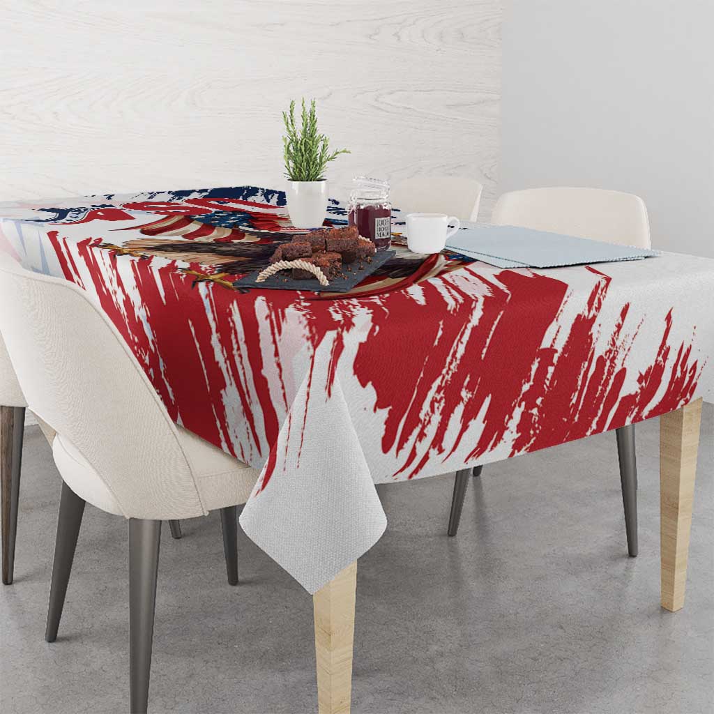 Rectangle tablecloth draped on table with red brush stripe and white base