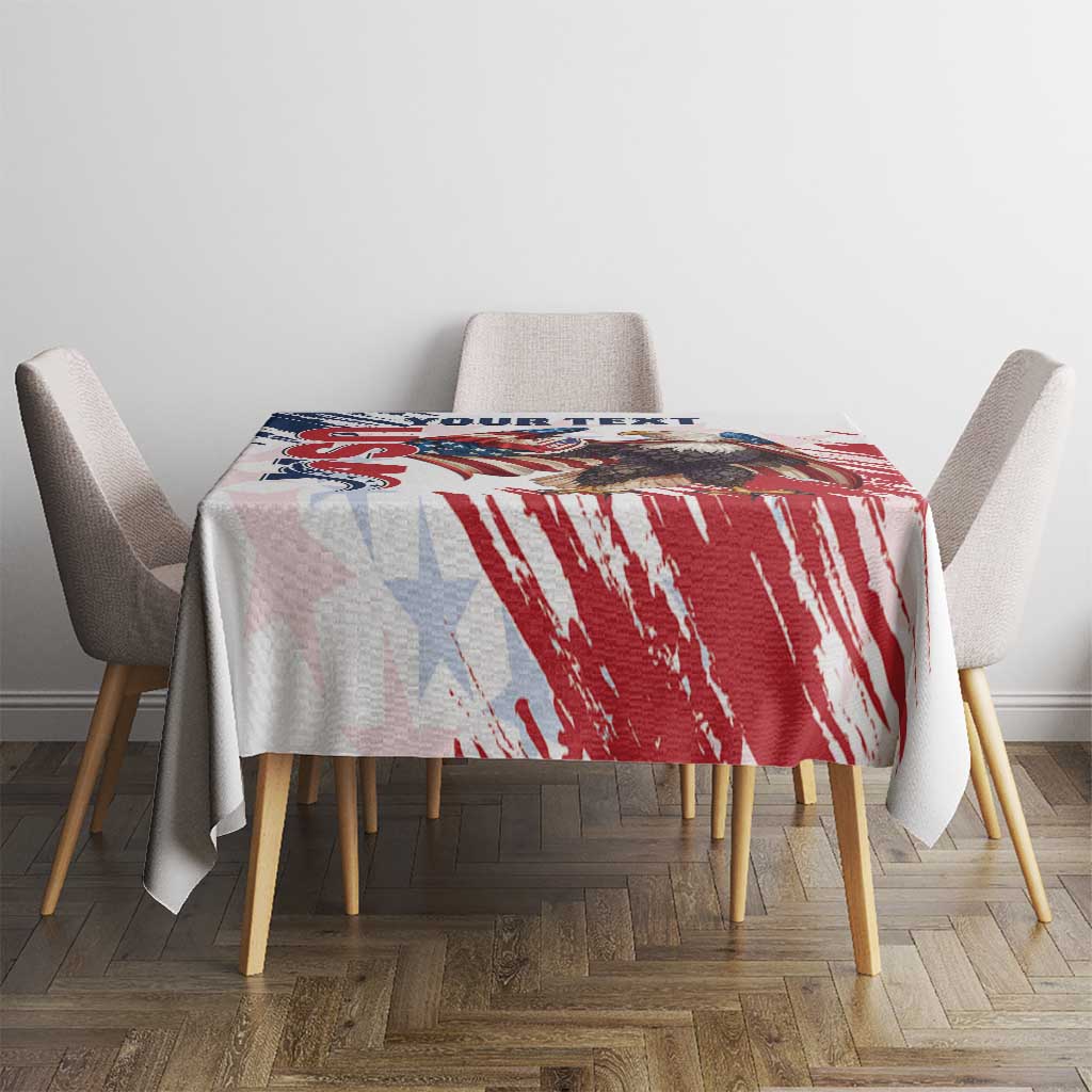 Square tablecloth featuring red brush stripes, white background, and blue stars