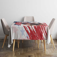 Square tablecloth featuring red brush stripes, white background, and blue stars