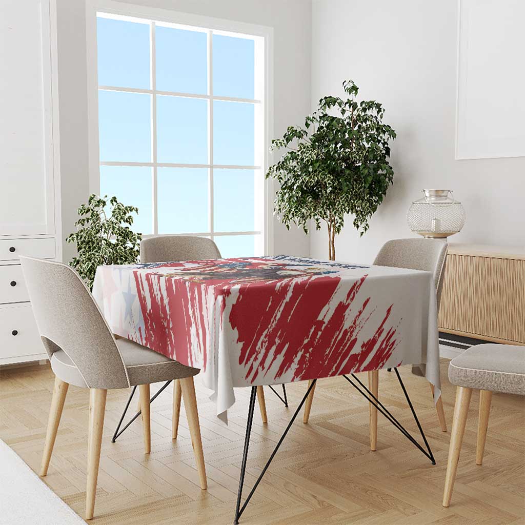 Tablecloth with red grunge brush pattern, white base, and blue star graphics