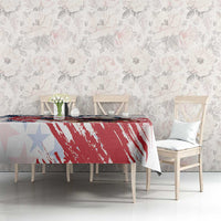 Dining tablecloth with red brush stripe print over white fabric and blue stars