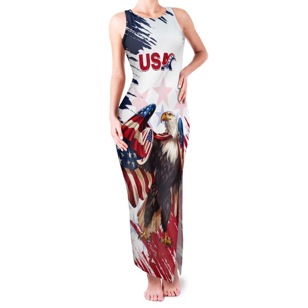 Custom USA Rugby Tank Maxi Dress Powerful Eagle Grunge Brush Style - White