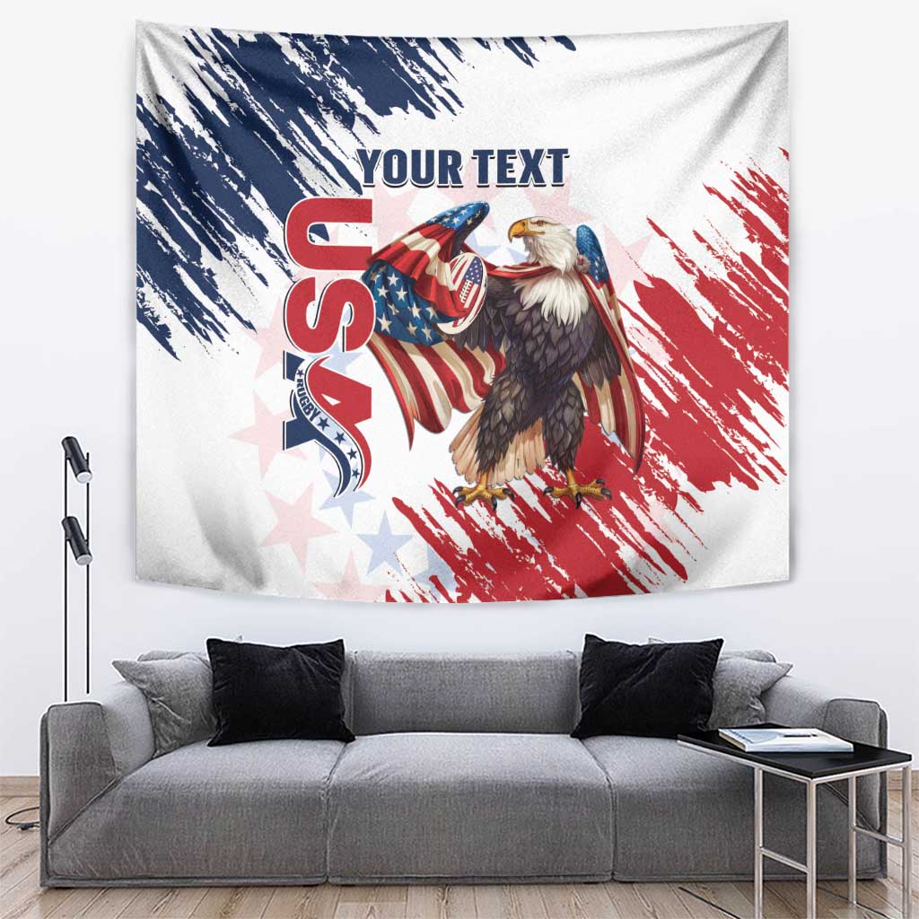 White wall tapestry with bald eagle and red, white, and blue distressed brush design