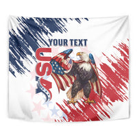 White wall tapestry close-up with bald eagle and patriotic red, white, and blue brush design