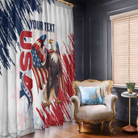White curtain panels with eagle and American flag grunge print, side view