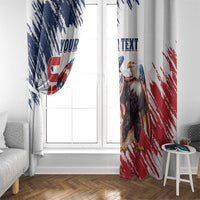 White window curtains with eagle-and-flag grunge prints, hung across a doorway