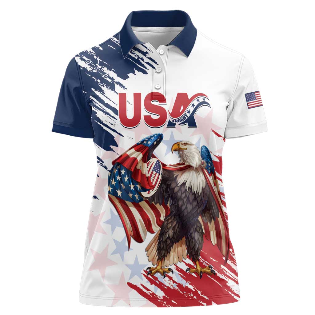 Custom USA Rugby Women Polo Shirt Powerful Eagle Grunge Brush Style - White