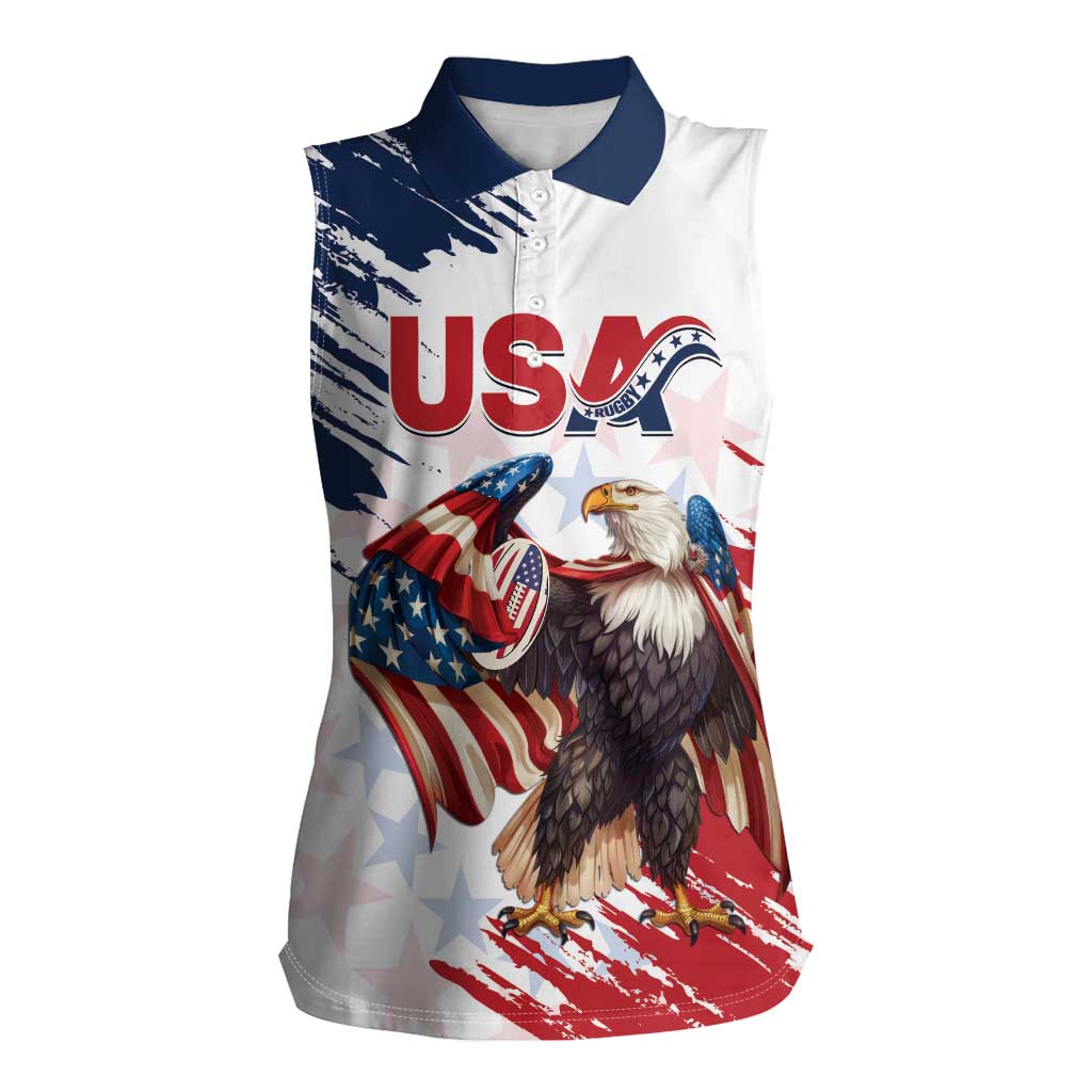 Custom USA Rugby Women Sleeveless Polo Shirt Powerful Eagle Grunge Brush Style - White