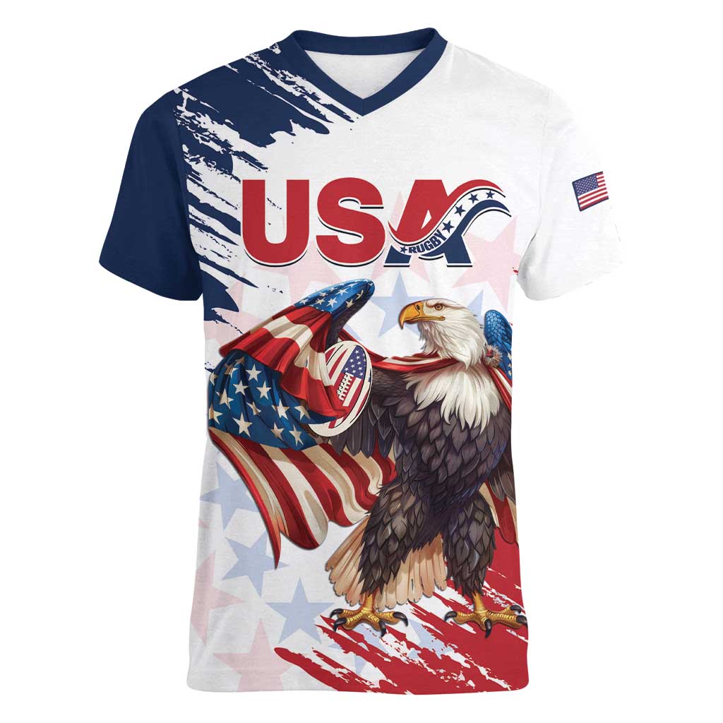 Custom USA Rugby Women V-Neck T-Shirt Powerful Eagle Grunge Brush Style - White