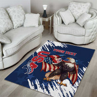 Blue eagle rugby area rug with grunge brush background and red 'YOUR TEXT' header