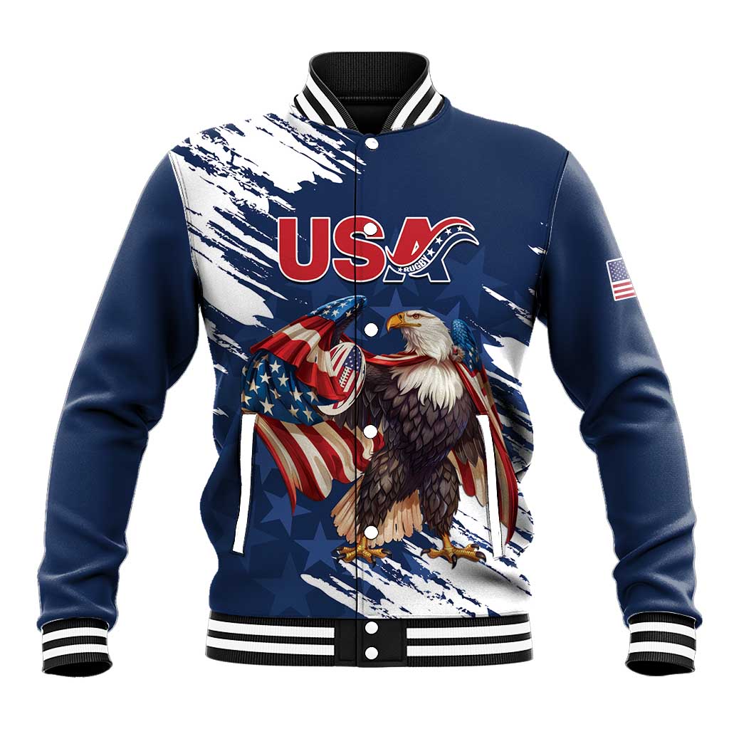 Blue baseball jacket with white brush graphic eagle, USA text, snap front and varsity collar
