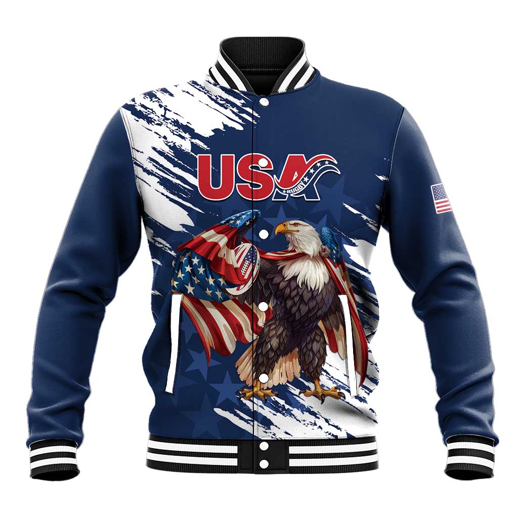 Custom USA Rugby Baseball Jacket Powerful Eagle Grunge Brush Style - Blue - Wonder Print Shop