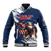 Blue baseball jacket with white brush graphic eagle, USA text, snap front and varsity collar