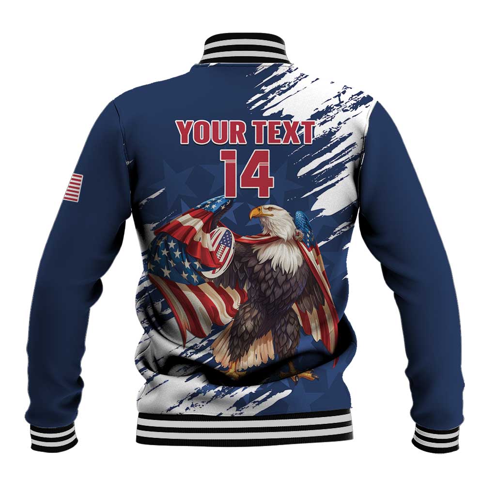 Blue baseball jacket with white brush graphic eagle, US flag and back number 14