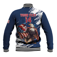 Blue baseball jacket with white brush graphic eagle, US flag and back number 14