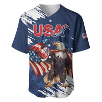 Blue rugby baseball jersey with eagle and American flag graphic, short sleeves, button placket