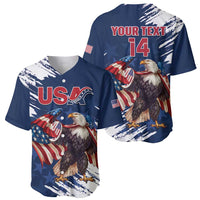 Blue rugby baseball jersey shown front and back, eagle artwork, USA logo, button placket