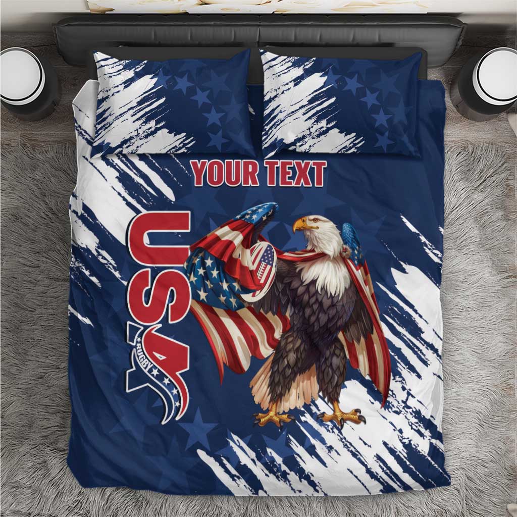Blue eagle and stars bedding set with red “YOUR TEXT” graphic and pillow