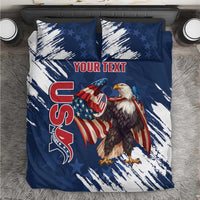 Blue eagle and stars bedding set with red “YOUR TEXT” graphic and pillow