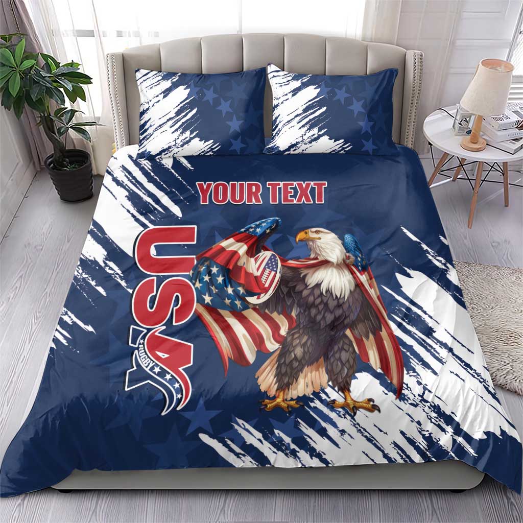 Blue duvet and matching pillow set with eagle, stars, and red “YOUR TEXT”