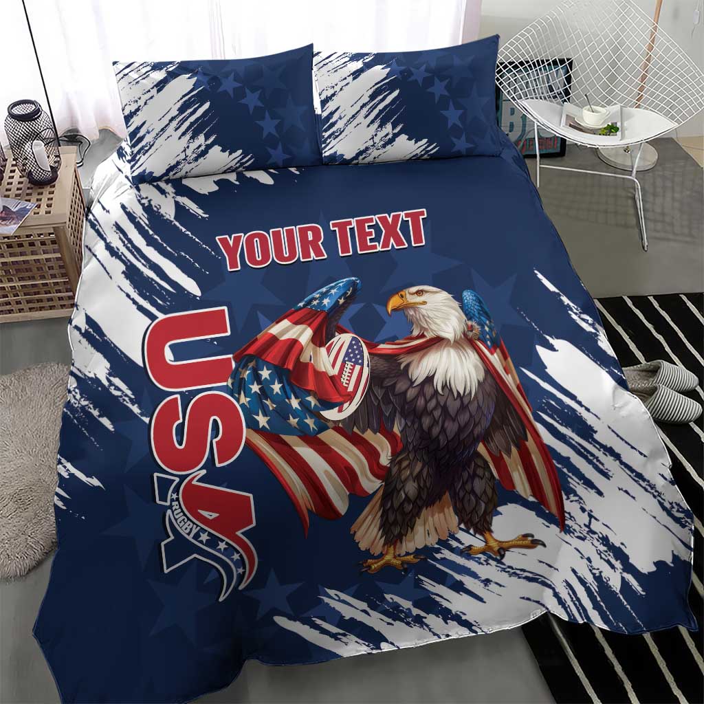 Blue patriotic eagle bedding set with “YOUR TEXT” in red on duvet