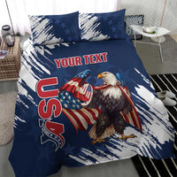 Blue patriotic eagle bedding set with “YOUR TEXT” in red on duvet