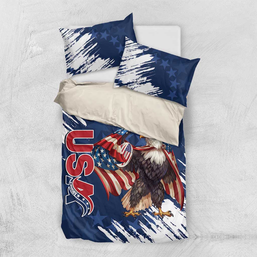 Blue eagle-themed bedding set with red “YOUR TEXT” and two matching pillowcases