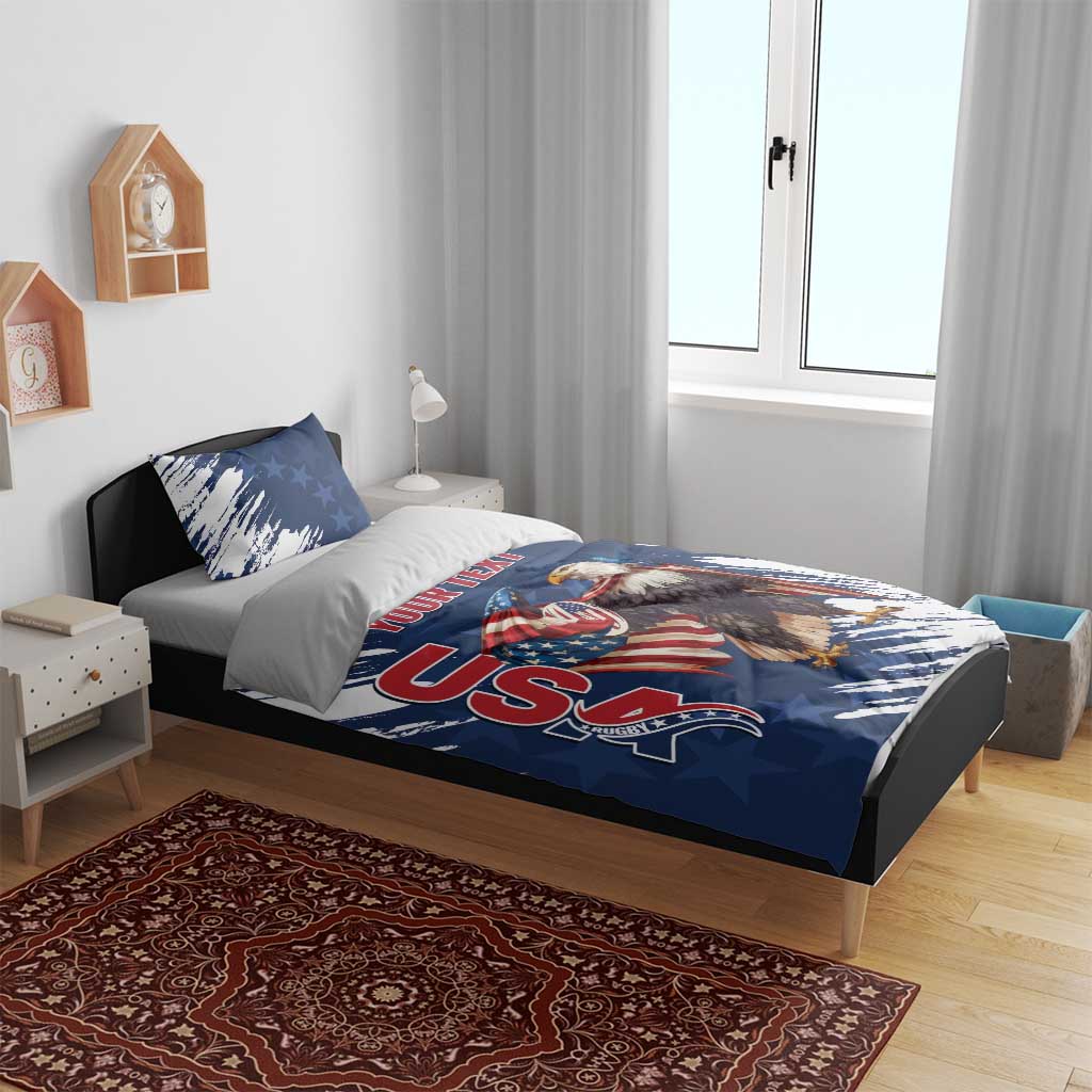 Blue eagle patriotic bedding set on bed, with red “YOUR TEXT” and star pattern pillows