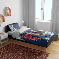 Blue eagle patriotic bedding set on bed, with red “YOUR TEXT” and star pattern pillows