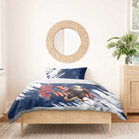 Blue duvet bedding set with eagle and stars, featuring red “YOUR TEXT” text