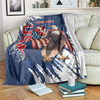 Blue eagle rugby blanket with grunge stripes and red-white graphic, “YOUR TEXT” print.