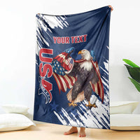 Blue eagle blanket draped display with grunge streaks and patriotic graphic, “YOUR TEXT”.