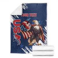 Blue eagle rugby blanket folded display with grunge streaks and “YOUR TEXT” print.