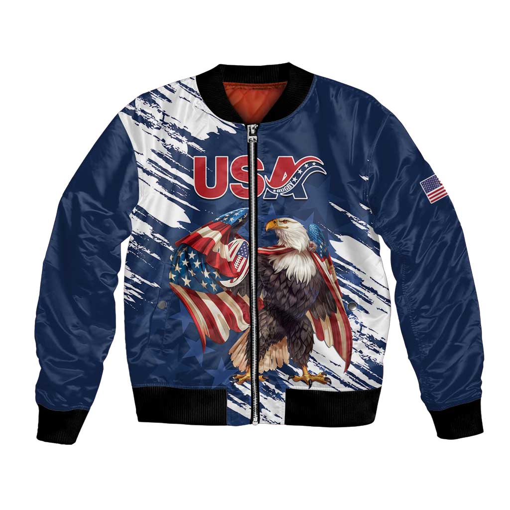 Blue bomber jacket with full zip, ribbed cuffs, and eagle with US flag front print