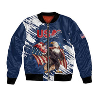 Blue bomber jacket with full zip, ribbed cuffs, and eagle with US flag front print