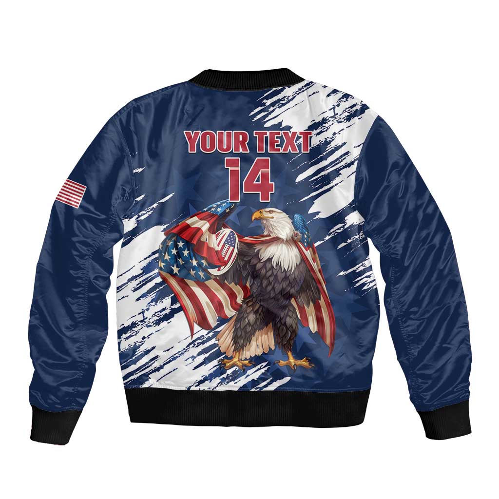 Blue bomber jacket back with eagle US-flag graphic and 'YOUR TEXT 14'