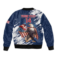 Blue bomber jacket back with eagle US-flag graphic and 'YOUR TEXT 14'
