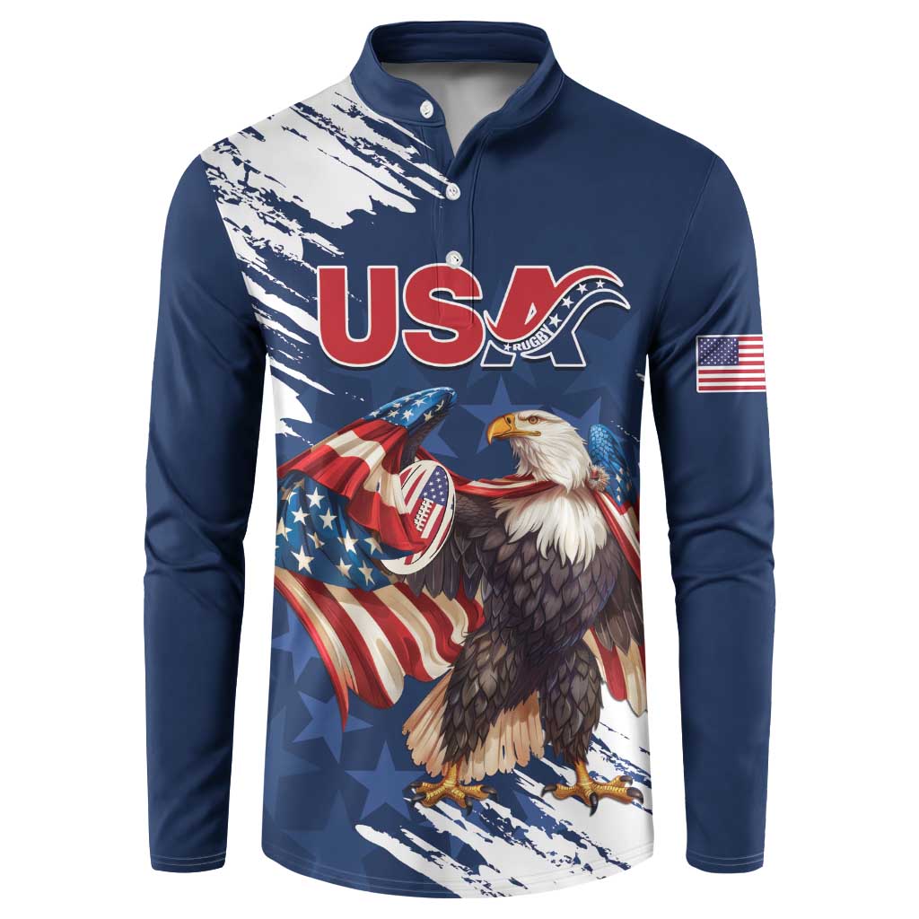 Blue button-front sweatshirt with eagle and American flag graphic, front view