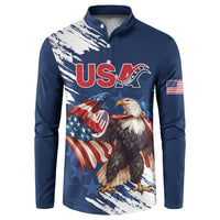Blue button-front sweatshirt with eagle and American flag graphic, front view