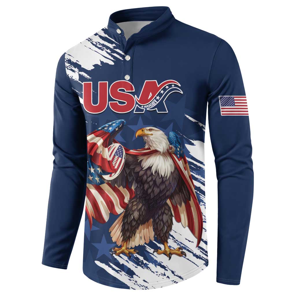 Blue button-front sweatshirt with eagle and American flag graphic