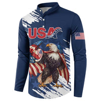Blue button-front sweatshirt with eagle and American flag graphic