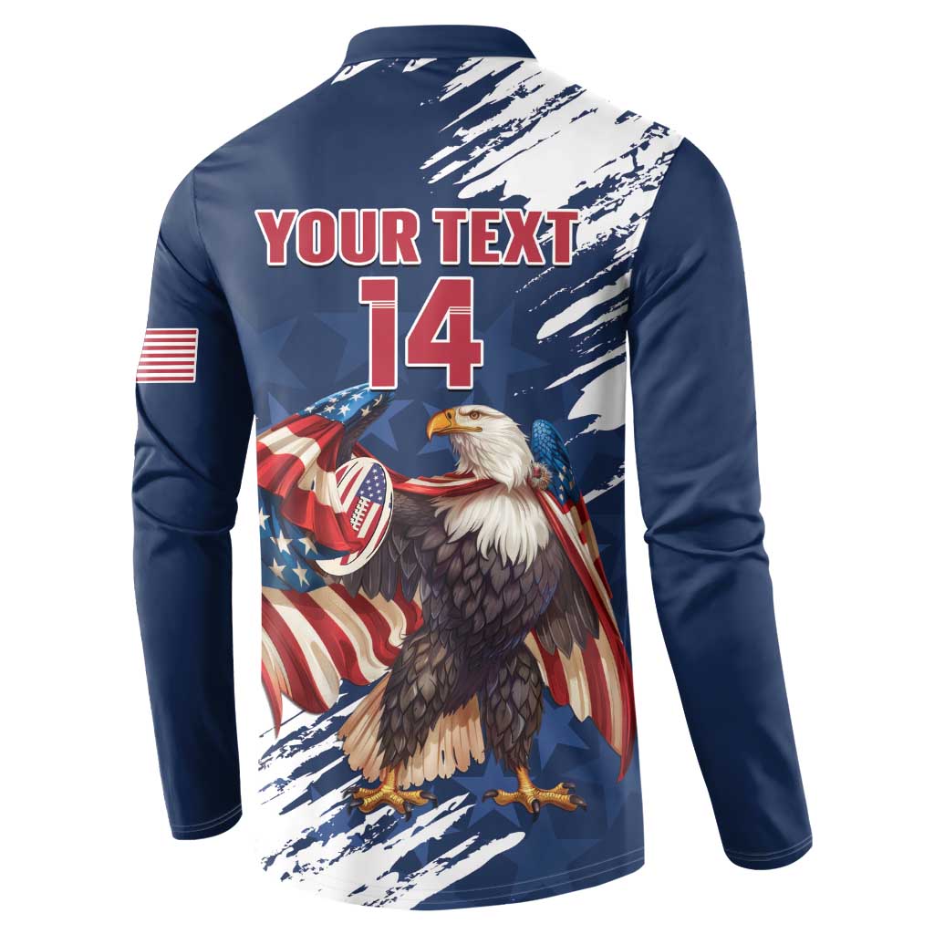 Blue button-front sweatshirt back with eagle graphic, 'YOUR TEXT' and '14'