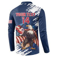 Blue button-front sweatshirt back with eagle graphic, 'YOUR TEXT' and '14'