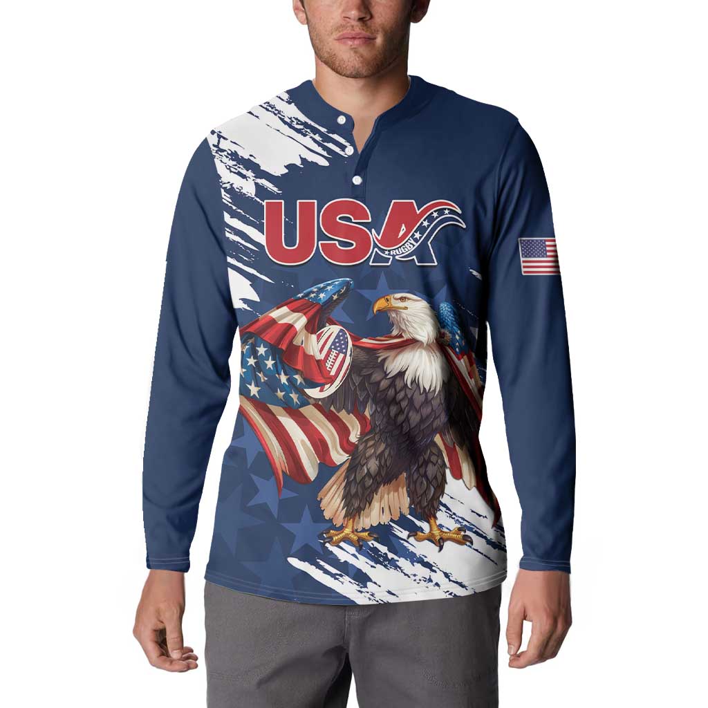 Blue button-front sweatshirt front view with eagle and American flag graphic on model