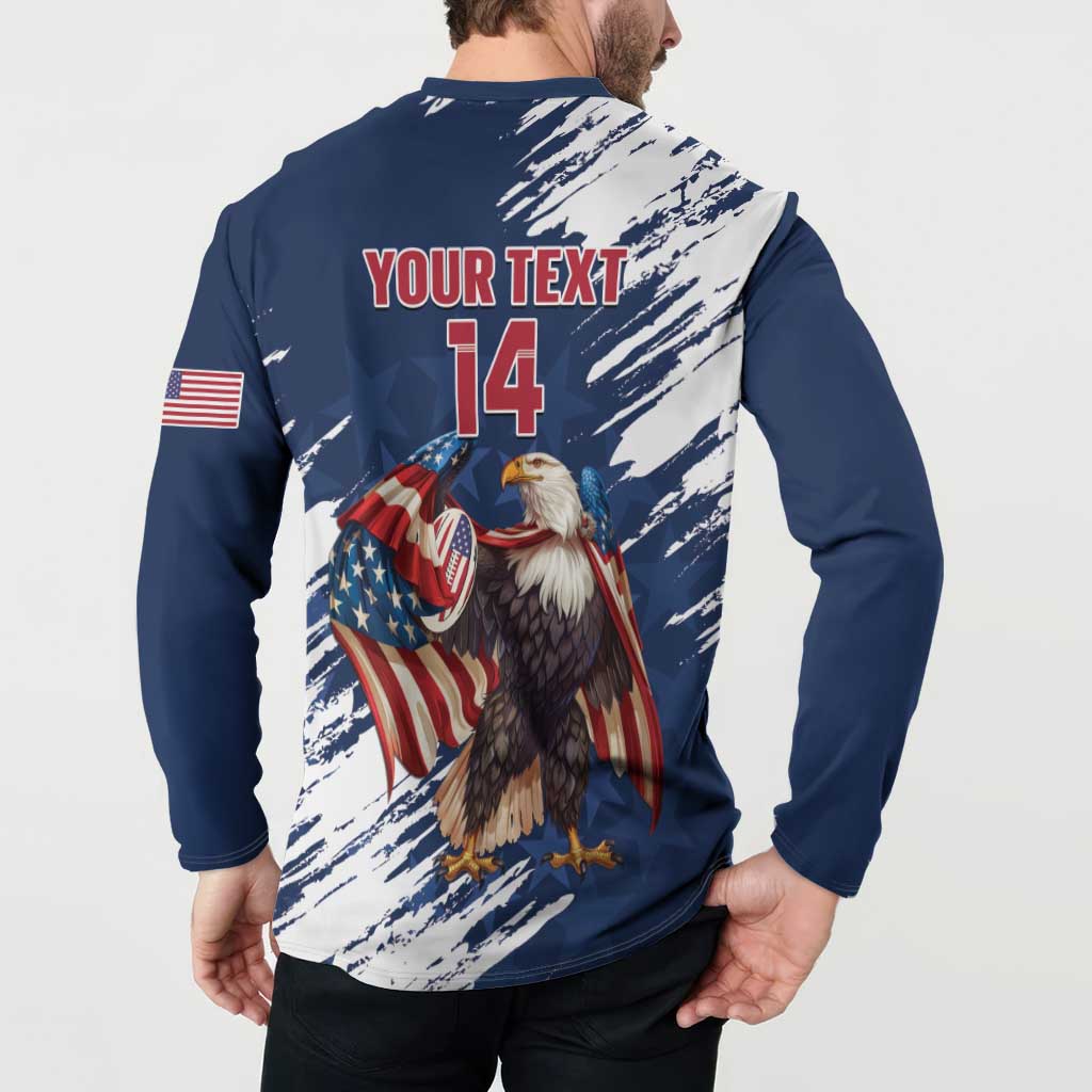 Blue button-front sweatshirt back with eagle graphic, 'YOUR TEXT' and '14' on model