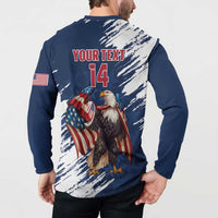 Blue button-front sweatshirt back with eagle graphic, 'YOUR TEXT' and '14' on model