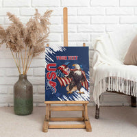 Blue eagle canvas wall art with red “YOUR TEXT”, shown on a wooden easel