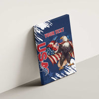 Blue eagle canvas wall art with red “YOUR TEXT” mounted on a plain wall