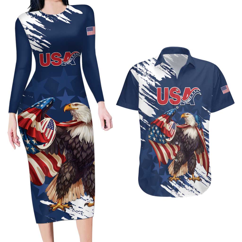 Custom USA Rugby Couples Matching Long Sleeve Bodycon Dress and Hawaiian Shirt Powerful Eagle Grunge Brush Style - Blue - Wonder Print Shop